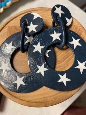 Navy Star Wooden Hoop Earrings